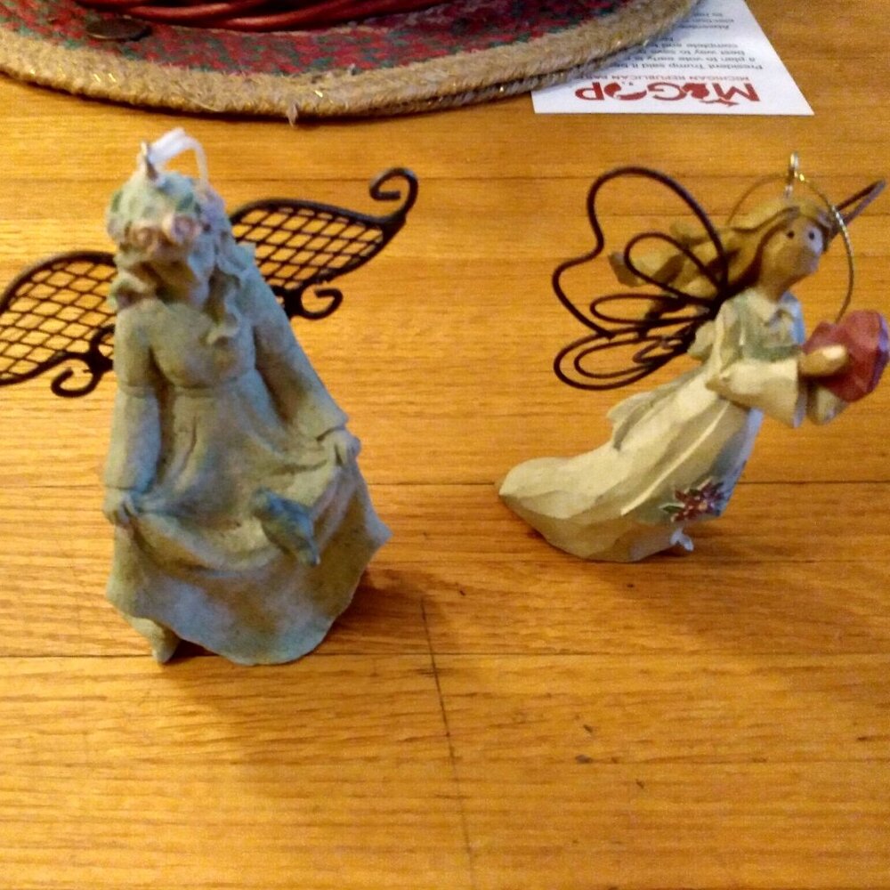 2 Hanging Angel Ornaments with Metal Wings